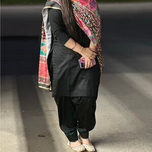 Classic Black Salwar Kameez Set with Vibrant Multicolor Dupatta